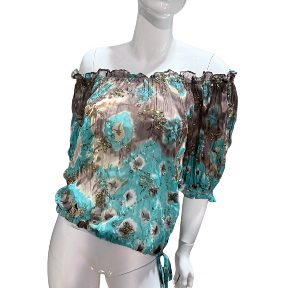 Vintage Fairycore green gold sequin Floral Women's‎ Top festival whimsey
